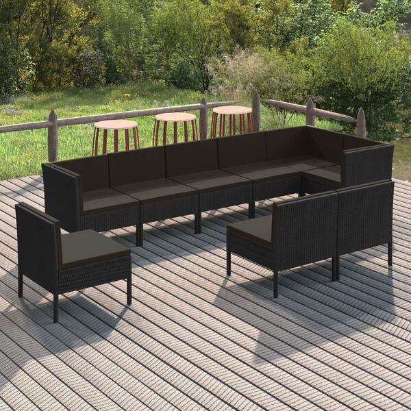 vidaXL Set de muebles de jard&iacute;n 9 pzas cojines rat&aacute;n sint&eacute;tico negro