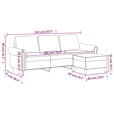 vidaXL Sofá de 3 plazas con taburete de terciopelo gris claro 180 cm