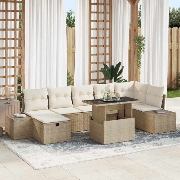 vidaXL Conjunto de sof&aacute; de jard&iacute;n con coj&iacute;n 8 pcs Beige Polirat&aacute;n