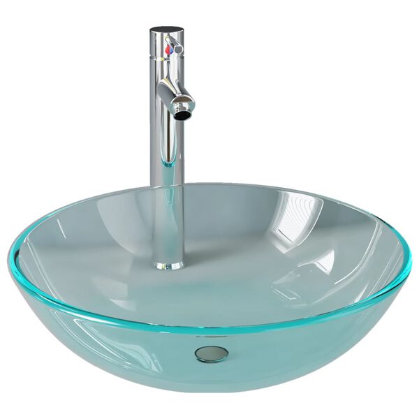 vidaXL Lavabo de ba&ntilde;o con grifo y desag&uuml;e de empuje vidrio templado