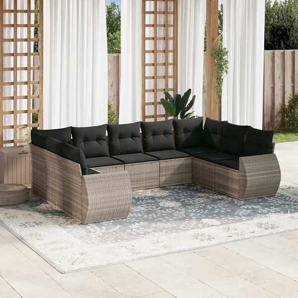 vidaXL Set muebles jard&iacute;n 9 pzas y cojines rat&aacute;n sint&eacute;tico gris claro