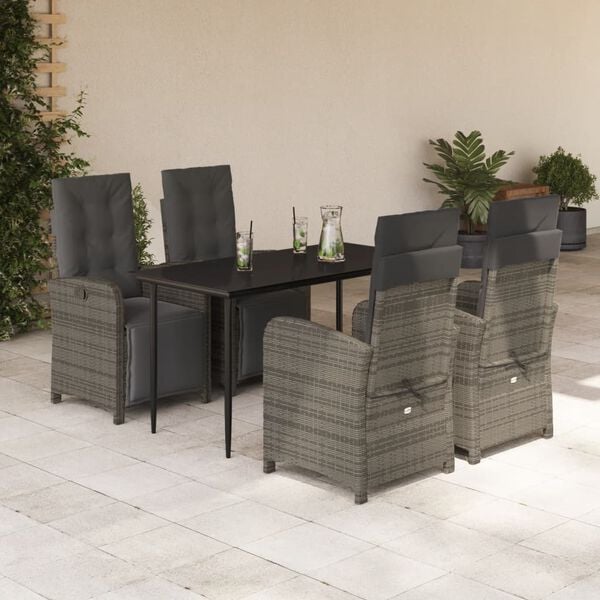 vidaXL Set comedor de jard&iacute;n 5 piezas con cojines rat&aacute;n sint&eacute;tico gris