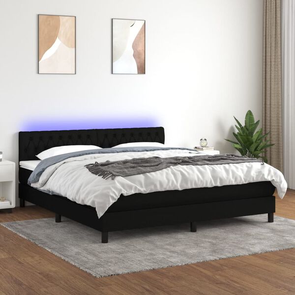 vidaXL Cama box spring colch&oacute;n y luces LED tela negro 180x200 cm