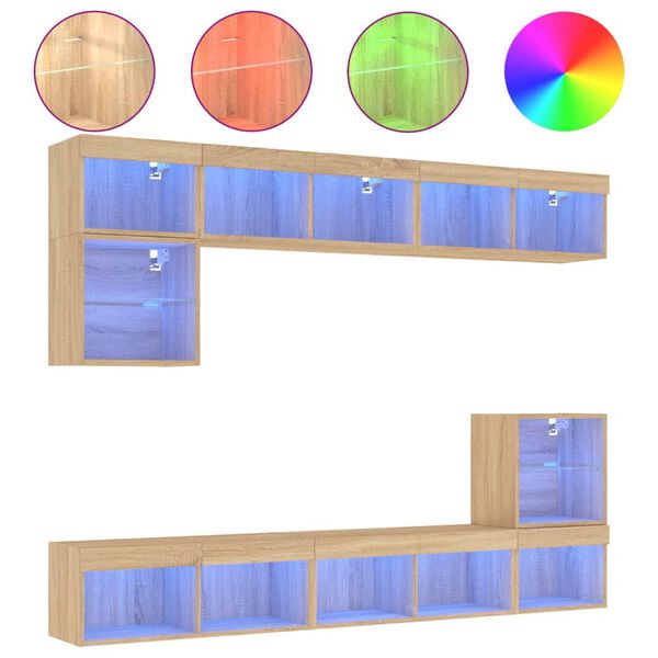 vidaXL Muebles TV pared con LED 8 pzas madera ingenier&iacute;a roble Sonoma