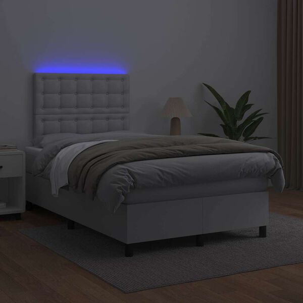 vidaXL Cama box spring colch&oacute;n y LED cuero sint&eacute;tico blanco 120x190 cm