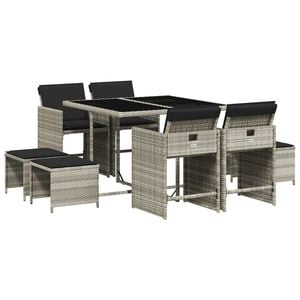vidaXL Set comedor de jard&iacute;n 9 pzas cojines rat&aacute;n sint&eacute;tico gris claro