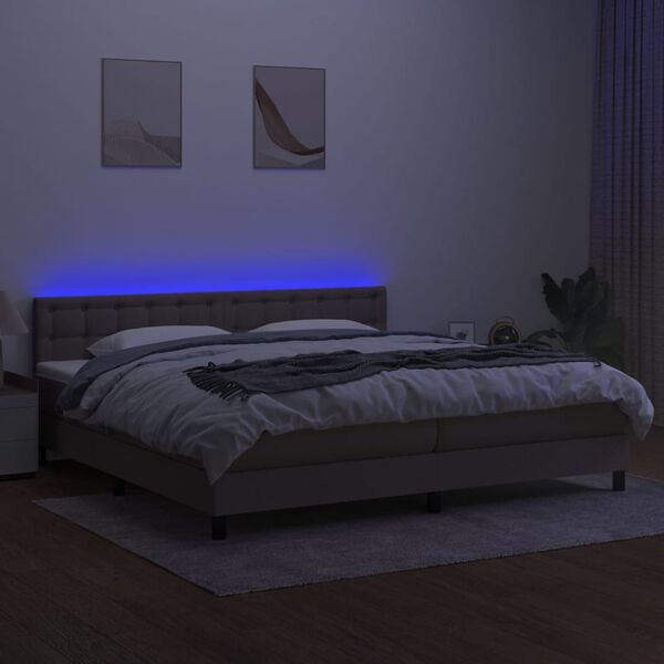 vidaXL Cama box spring colch&oacute;n y luces LED tela gris taupe 200x200 cm
