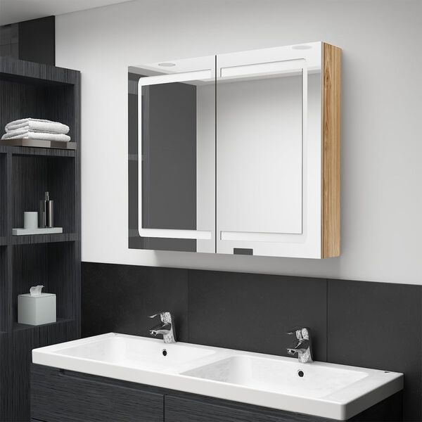 vidaXL Armario de ba&ntilde;o con espejo y LED color roble 80x12x68 cm