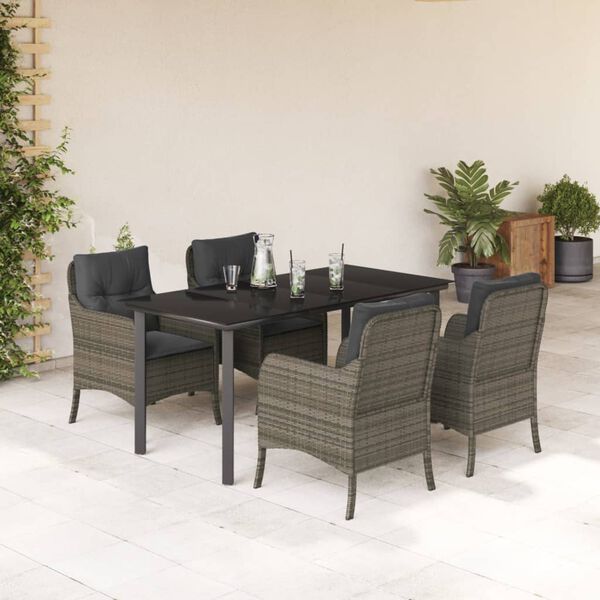 vidaXL Set comedor de jard&iacute;n 5 piezas con cojines rat&aacute;n sint&eacute;tico gris