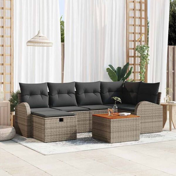 vidaXL Conjunto de sof&aacute; de jard&iacute;n con coj&iacute;n 7 pcs Gris Polirat&aacute;n