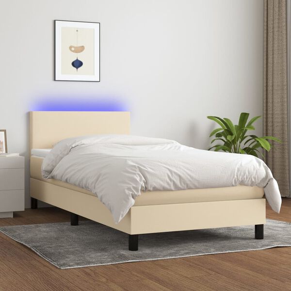 vidaXL Cama box spring con colch&oacute;n y LED tela crema 100x200 cm