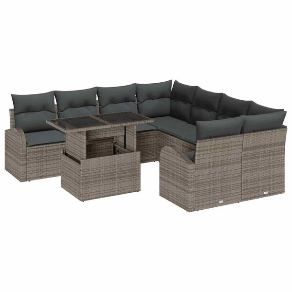 vidaXL Conjunto de sof&aacute; de jard&iacute;n 9 pcs Gris rat&aacute;n sint&eacute;tico