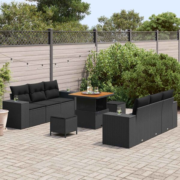 vidaXL Conjunto de sof&aacute; de jard&iacute;n 9 pcs Negro Rattan de Poli&eacute;ster