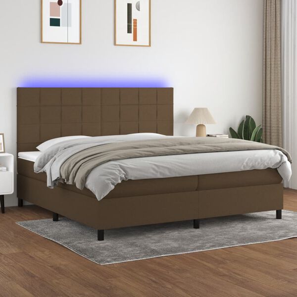 vidaXL Cama box spring colch&oacute;n luces LED tela marr&oacute;n oscuro 200x200 cm