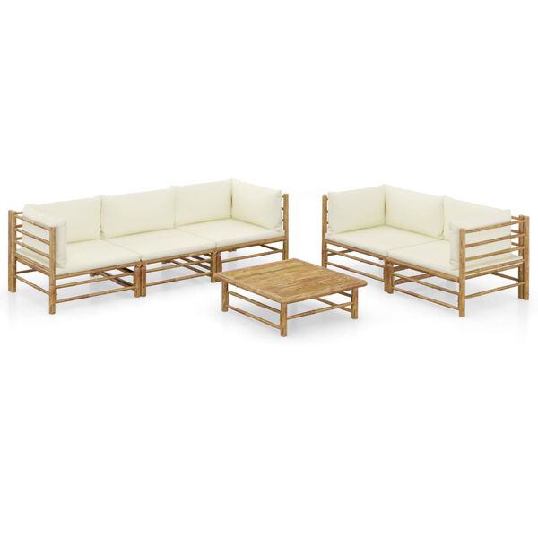 vidaXL Set de muebles de jardín 6 piezas bambú y cojines blanco crema