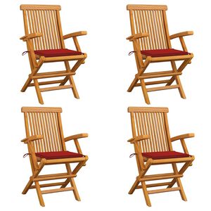 vidaXL Sillas de jard&iacute;n 4 uds madera maciza de teca con cojines rojos