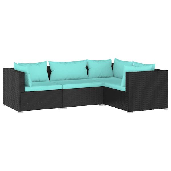 vidaXL Set de muebles de jard&iacute;n 4 pzas y cojines rat&aacute;n sint&eacute;tico negro