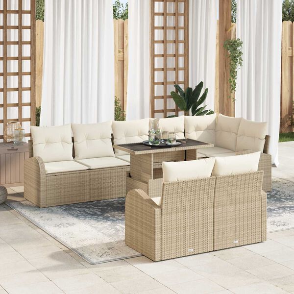 vidaXL Conjunto de sof&aacute; de jard&iacute;n con coj&iacute;n 9 pcs Beige Polirat&aacute;n