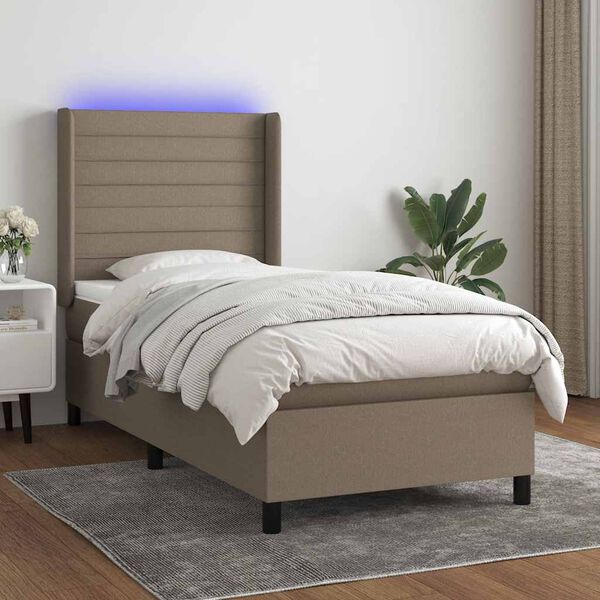 vidaXL Cama box spring colch&oacute;n y luces LED tela gris taupe 90x190 cm