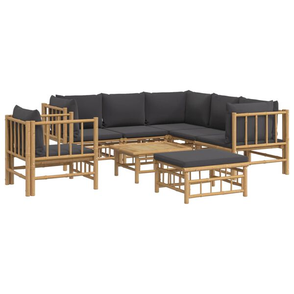 vidaXL Set de muebles de jardín 8 piezas bambú con cojines gris oscuro