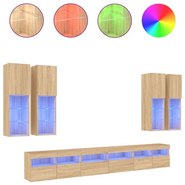 vidaXL Muebles de TV de pared con luces LED 7 piezas roble sonoma