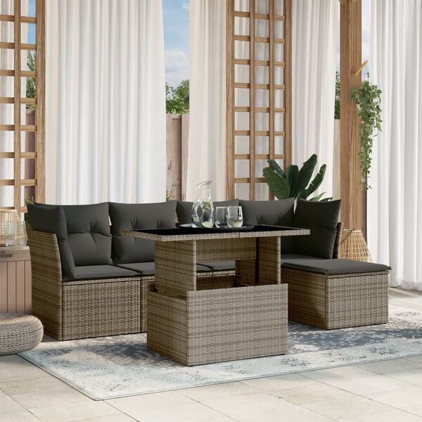 vidaXL Set de muebles de jard&iacute;n 6 pzas y cojines rat&aacute;n sint&eacute;tico gris