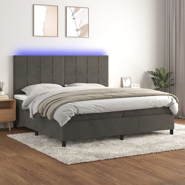 vidaXL Cama box spring colch&oacute;n y LED terciopelo gris oscuro 200x200 cm