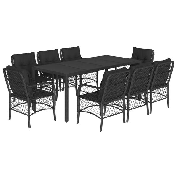 vidaXL Set de comedor de jard&iacute;n 9 pzas y cojines rat&aacute;n sint&eacute;tico negro