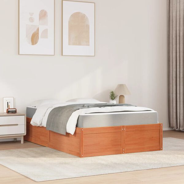 vidaXL Cama con colch&oacute;n madera maciza de pino marr&oacute;n cera 120x190 cm