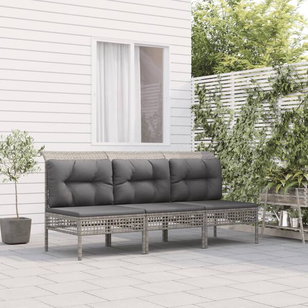 vidaXL Set de muebles de jard&iacute;n 3 pzas y cojines rat&aacute;n sint&eacute;tico gris