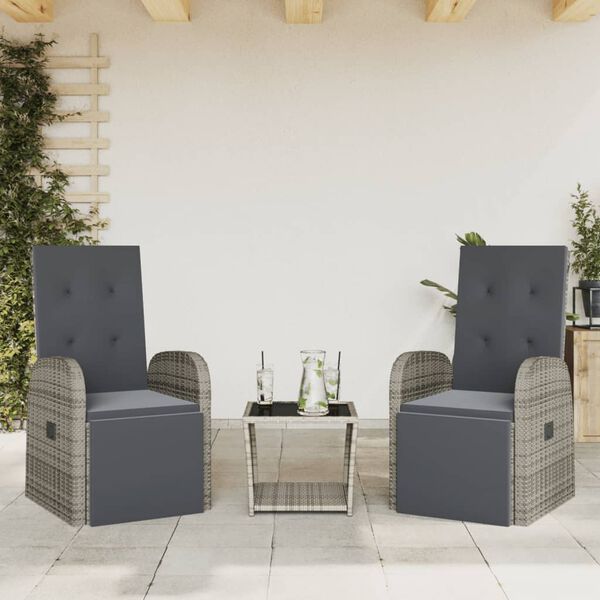 vidaXL Set comedor de jard&iacute;n 3 piezas con cojines rat&aacute;n sint&eacute;tico gris