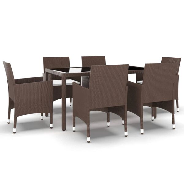 vidaXL Set de comedor de jard&iacute;n 7 pzas rat&aacute;n PE vidrio templado marr&oacute;n