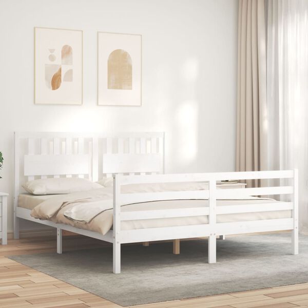 vidaXL Estructura de cama matrimonio con cabecero madera maciza blanco