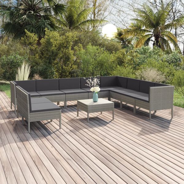 vidaXL Set de muebles de jardín 11 pzas y cojines ratán sintético gris