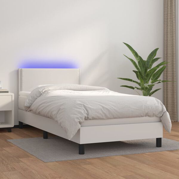vidaXL Cama box spring y colch&oacute;n LED cuero sint&eacute;tico blanco 90x190 cm