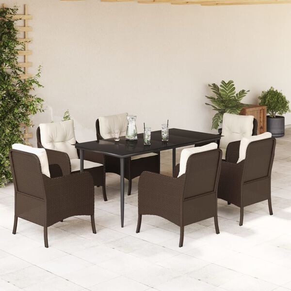vidaXL Set comedor de jard&iacute;n 7 pzas con cojines rat&aacute;n sint&eacute;tico marr&oacute;n