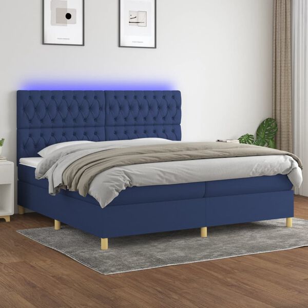 vidaXL Cama box spring colch&oacute;n y luces LED tela azul 200x200 cm