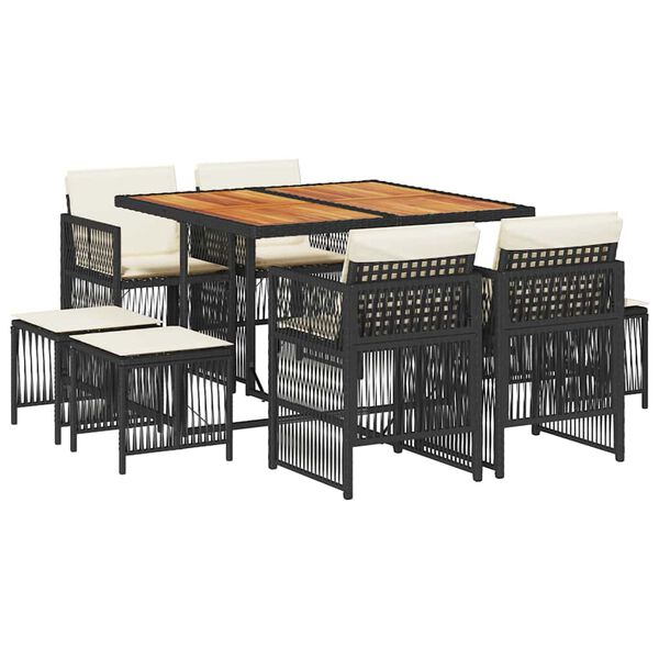 vidaXL Set de comedor de jard&iacute;n 9 pzas y cojines rat&aacute;n sint&eacute;tico negro