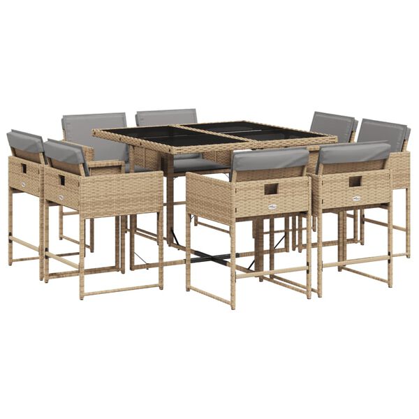 vidaXL Set comedor de jard&iacute;n 9 pzas con cojines rat&aacute;n sint&eacute;tico beige