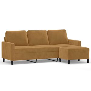 vidaXL Sof&aacute; de 3 plazas con taburete de terciopelo marr&oacute;n 180 cm