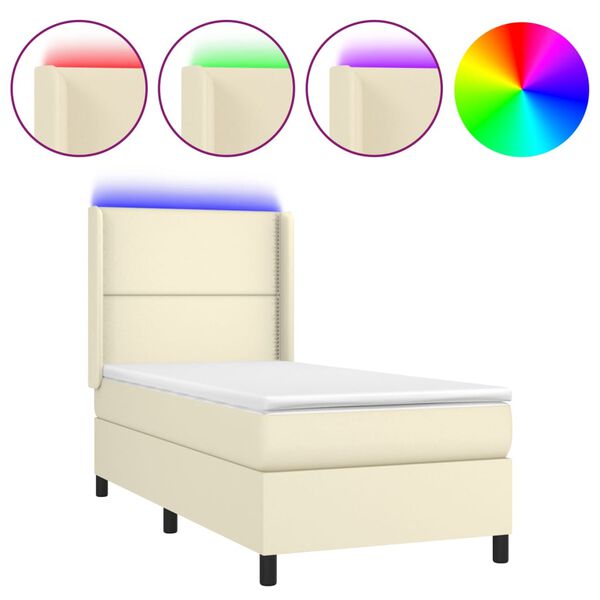 vidaXL Cama box spring colch&oacute;n y LED cuero sint&eacute;tico crema 100x200 cm