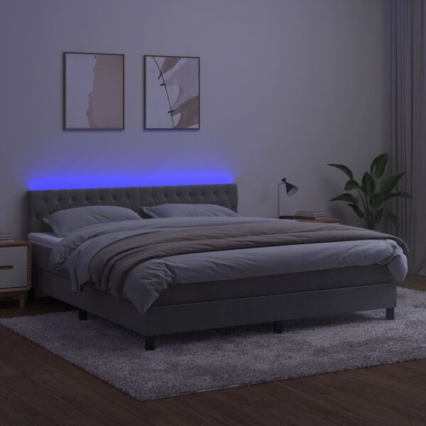 vidaXL Cama box spring colch&oacute;n y LED terciopelo gris claro 180x200 cm