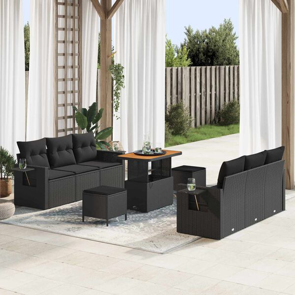vidaXL Conjunto de sof&aacute; de jard&iacute;n 9 pcs Negro rat&aacute;n sint&eacute;tico
