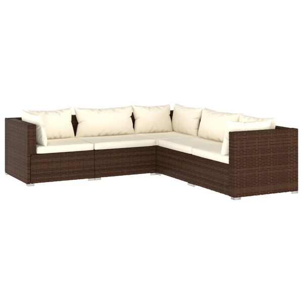 vidaXL Set muebles de jard&iacute;n 5 piezas y cojines rat&aacute;n sint&eacute;tico marr&oacute;n