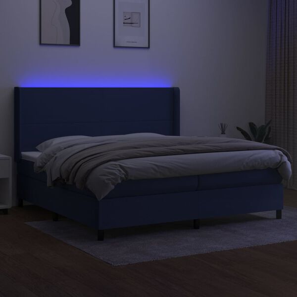 vidaXL Cama box spring colch&oacute;n y luces LED tela azul 200x200 cm