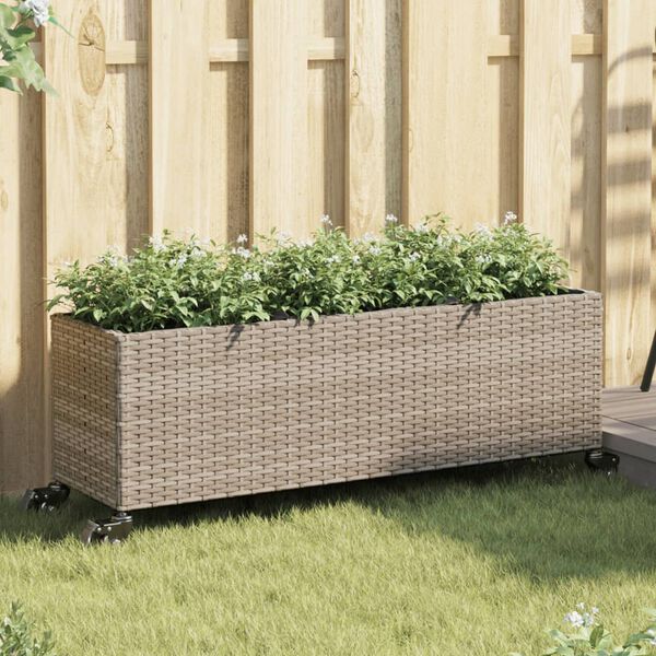 vidaXL Jardinera con ruedas y 3 maceteros rat&aacute;n PE gris 107x32x38 cm