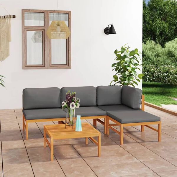 vidaXL Set de muebles de jard&iacute;n 5 pzas madera de teca y cojines gris