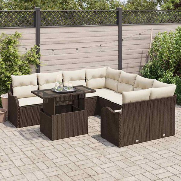 vidaXL Conjunto de sof&aacute; de jard&iacute;n 9 pcs Marr&oacute;n Rattan de Poli&eacute;ster