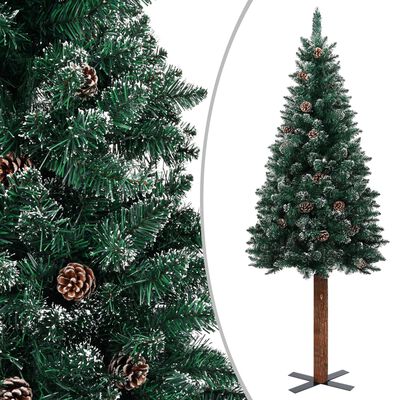 vidaXL Árbol de Navidad delgado madera auténtica y piñas PVC 210 cm