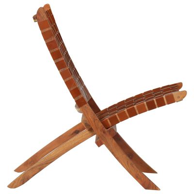vidaXL Silla plegable de tiras cruzadas de cuero auténtico marrón